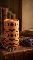 Halloween candle holder with moon phases and bat patterns on wooden table with dried lavender and vintage books creating spooky autumn atmosphere.