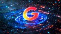 Glowing letter in cosmic space surrounded by luminous blue spiral rings and particles against dark background with red and blue light effects.