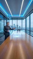 Professional businessman presenting holographic value concept in modern office with city skyline view and futuristic lighting design.