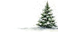 Lone evergreen pine tree covered in snow against white winter landscape with gentle snowfall, creating minimalist holiday scene.