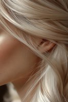 Close-up of silky blonde hair flowing over woman's ear and cheek, showcasing natural highlights and smooth texture for beauty and haircare concepts.