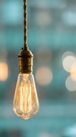 Vintage Edison bulb hanging on twisted cord with warm glow against blurred blue background. Retro lighting fixture for industrial interior design concepts.