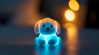 Glowing blue night light in shape of cute puppy dog with floppy ears sits on dark surface against blurred warm bokeh background, creating cozy atmosphere.