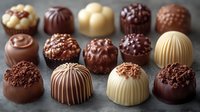 Assorted luxury chocolate truffles and pralines with different textures and toppings arranged on dark surface. Gourmet confectionery featuring milk, dark and white chocolate.