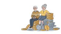 Senior couple sitting on stacks of coins planning retirement savings and financial security for golden years.