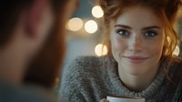 Young Caucasian woman with curly red hair smiling warmly in cozy knit sweater with soft bokeh lights creating intimate atmosphere for lifestyle content.