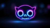 Glowing neon cat skull with blue and pink luminous outline on dark background, spooky kawaii style character for Halloween designs and gaming aesthetics.