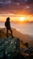 Hiker with backpack standing on rocky mountain peak at golden sunrise overlooking misty valley and distant peaks, adventure and exploration concept for travel and outdoor lifestyle.