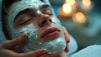 Young Caucasian man receiving facial skincare treatment with white cream mask at spa salon, close up view with soft bokeh lights in background creating relaxing atmosphere.