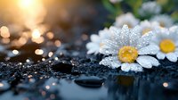 Fresh daisy flowers with water drops on petals against dark background with golden bokeh lights creating magical morning atmosphere. Natural macro photography.