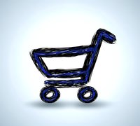 Sketchy blue shopping cart icon with black outline on white background, drawn in casual brush stroke style for e-commerce and retail design projects.