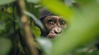 Young primate face partially hidden behind green foliage, showing expressive brown eyes and curious expression peeking through leaves in natural habitat.