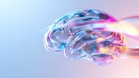 Glowing translucent brain model with light beam effect on gradient background showcases neuroscience, artificial intelligence, and cognitive research concepts.