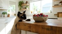Siamese cat sitting at wooden kitchen counter with fresh strawberries in woven basket, bright sunlit modern farmhouse kitchen with white cabinets and potted plants.