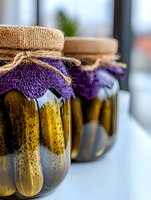 Homemade pickled cucumbers in glass jars with purple fabric covers and twine, traditional preservation method shown in natural lighting on white surface.