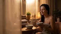 Young woman enjoying peaceful morning coffee in sunlit kitchen with warm golden light streaming through windows creating cozy atmosphere for relaxation and mindfulness.