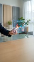 Businessman in dark suit holding transparent digital display showing risk assessment data with glowing charts and warning symbols for financial analysis and business strategy.