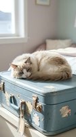 Fluffy cream and white long-haired cat resting on vintage blue suitcase in bright bedroom with window light, relaxed pet lounging on luggage for travel and lifestyle concepts.