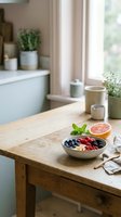 Wooden table with fresh berries in bowl, grapefruit half, potted plants, and kitchen accessories in bright, minimalist home interior with natural window light.