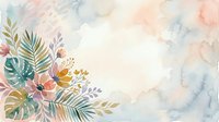 Watercolor floral frame with tropical leaves and delicate flowers on soft pastel background for wedding invitations, greeting cards and botanical designs.
