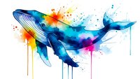 Vibrant watercolor whale with rainbow splashes and paint drips on white background. Marine mammal art for ocean conservation and wildlife themes.