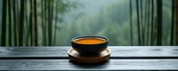 Serene cup of orange tea on wooden coaster against blurred bamboo forest background, creating tranquil atmosphere for relaxation and mindfulness.