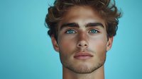 Young male model with striking blue eyes and defined facial features against turquoise background. Close-up portrait showcasing natural makeup and styled brown wavy hair for fashion and beauty.