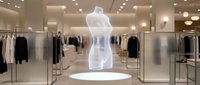 Glowing holographic female torso mannequin displayed on a pedestal in a modern luxury fashion retail store interior.