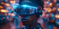 Young African American woman wearing futuristic VR headset with blue neon reflections against blurred bokeh background, perfect for technology and innovation concepts in digital marketing.