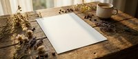 Blank white paper sheet on rustic wooden table with dried flowers and coffee cup creating cozy workspace atmosphere for writing or design projects.