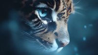 Close up macro shot of wild cat face with bright blue eye against dark background, dramatic lighting creates mysterious atmosphere and highlights feline features.