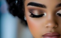Close up of African American woman's face with professional makeup, showing long eyelashes, smokey eyeshadow, defined brows and matte nude lipstick on soft blurred background.