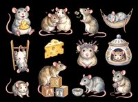 Cute mice and rats collection with cheese, toys and accessories isolated on transparent background, ready for t-shirt design, stickers, clipart and print-on-demand products.