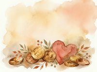 Watercolor composition with golden coins, red heart and autumn leaves on warm beige background with copy space for greeting cards.