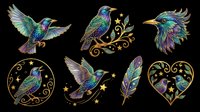 Colorful hummingbird and feather illustrations with ornamental gold accents, isolated on transparent background. Ready for t-shirt design, clipart, stickers, sublimation, and print-on-demand projects.