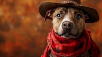 Adorable pit bull terrier wearing brown cowboy hat and red bandana scarf against blurred autumn background, looking directly at camera with bright blue eyes.