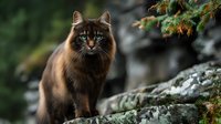 Brown long-haired cat with intense green eyes standing on mossy rock in forest setting, natural wildlife photography for pet and animal themes.