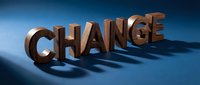 Bold bronze CHANGE text with dramatic shadows on blue gradient background for business transformation and personal growth concepts.