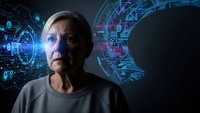 Senior Caucasian woman scientist analyzing holographic data displays in futuristic laboratory environment for technology research applications.
