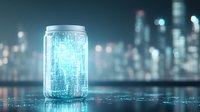 Glowing aluminum can with futuristic digital pattern on dark background with city lights bokeh, cyberpunk style concept for technology and innovation.