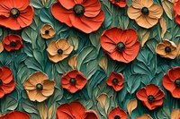 Red and peach poppies with dark centers against lush green foliage create dramatic floral pattern. Decorative botanical design for fabric, wallpaper and surface patterns.
