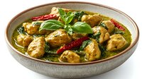 Spicy green curry chicken with basil leaves and red chili in ceramic bowl. Traditional Asian cuisine dish featuring tender meat pieces in aromatic coconut sauce.