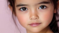 Close up portrait of young Asian girl with natural makeup and soft pink background showing innocent expression and gentle smile, suitable for beauty and childhood concepts.