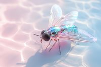 Iridescent fly with translucent wings resting on shimmering water surface against pink and blue gradient background, macro photography style composition.