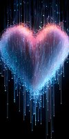 Glowing heart shape formed by luminous fiber optic strands in pink and blue hues against dark background, creating magical light effect.