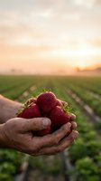 Fresh ripe strawberries cupped in farmer hands at sunset over agricultural field rows for organic farming and harvest concepts.