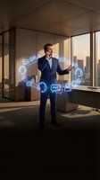 Caucasian male professional in dark business suit speaking on phone surrounded by glowing digital communication icons in modern office with city skyline view for business technology concepts.