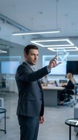 Caucasian male professional in dark business suit interacting with holographic digital interface in modern office environment with colleagues working in background.