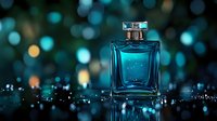 Elegant blue perfume bottle on dark reflective surface with magical bokeh lights background creating luxurious atmosphere for cosmetic advertising.