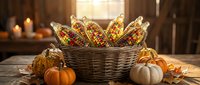 Wicker basket filled with colorful corn cobs surrounded by autumn pumpkins and gourds on rustic wooden table with warm candlelight creating cozy fall harvest atmosphere.
